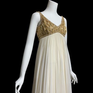 vintage evening dress gown, TOWN & COUNTRY 1960s white chiffon and gold beads sequins wedding bridal prom gown, 32 bust small