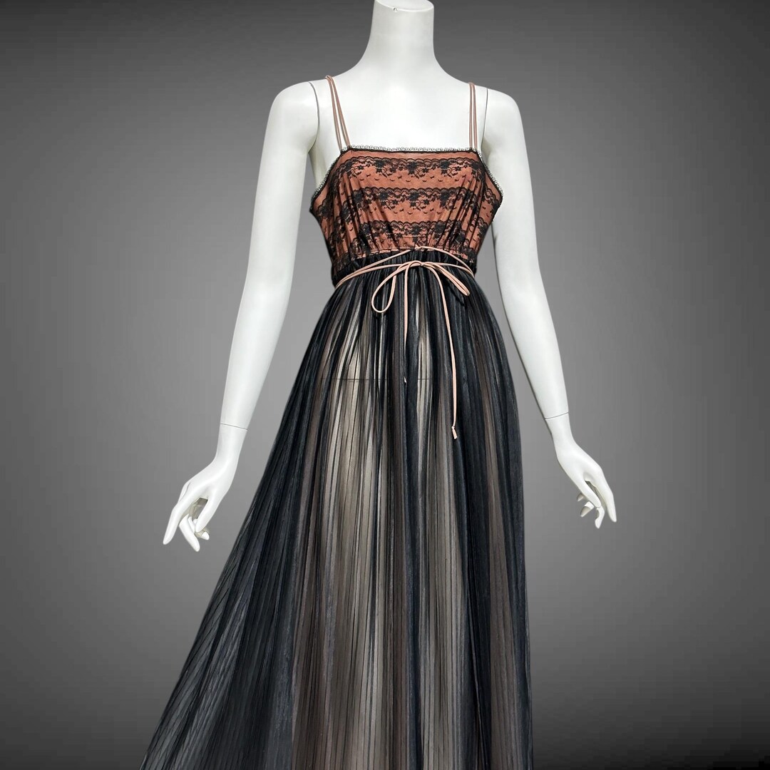 FAIRIE vintage 1950s Nightgown Slip Dress, sheer black nylon & lace full length lingerie dress