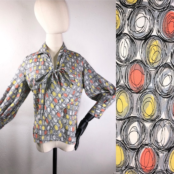 vintage 70s blouse / 1960s 1970s Pussy Bow Op Art