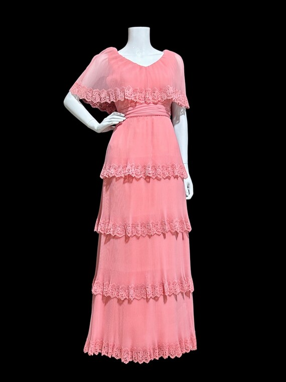 MISS ELLIETTE Vintage 1960s pleated party dress, pink cocktail dress, ruffled collar