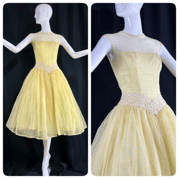 vintage 1950s prom dress, Sunny pale yellow swiss… - image 1