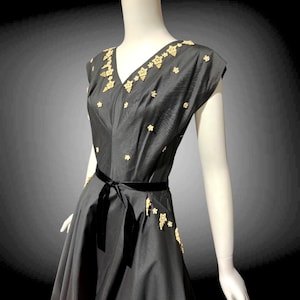 1940s Black Polished Cotton Cocktail Dress: Appliqued Circle Skirt