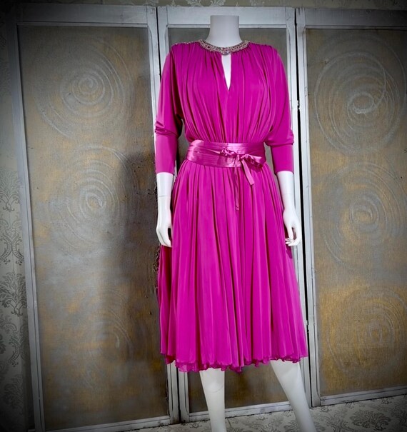 Vintage 1980s Evening Cocktail Dress, JONATHAN HITCHCOCK Hot Pink Jersey Dress