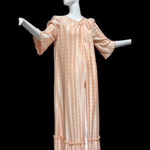 vintage Mary McFadden dressing gown robe, I. Magnin, 1980s peachy pink wrap front plisse pleated house coat lounging bathrobe, medium