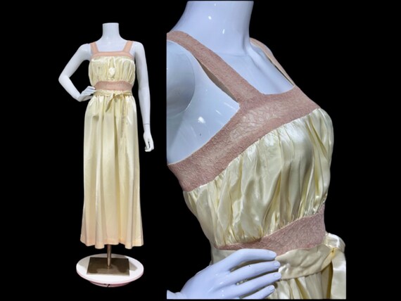 1930s vintage Nightgown slip dress, Sunshine Yellow bias cut lacy night dress, full length
