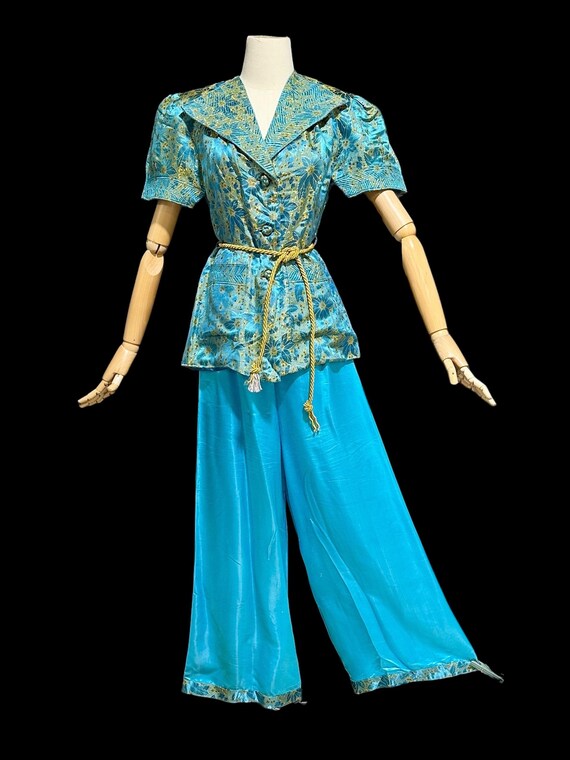 Vintage 1940s SILK Satin Pajamas, 2 Piece Lounge Set, Sea Blue and 