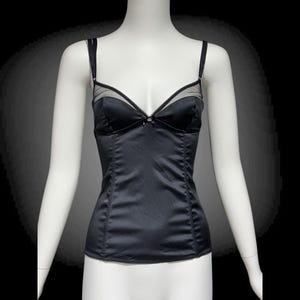 Top tipo corsé con bustier vintage Y2K, DOLCE & GABBANA, camisola de satén negro brillante con ribete de malla, camiseta de tirantes de verano, espalda con ganchos, talla pequeña