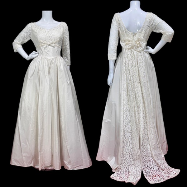 vintage wedding dress, 1950s White taffeta and lace full length bridal ball gown, nipped waist fit and flare with detachable train