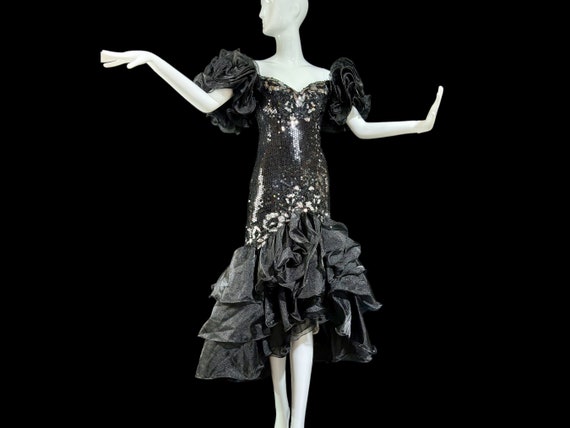 vintage 1980s prom dress, ALYCE 1980s Black sequi… - image 1