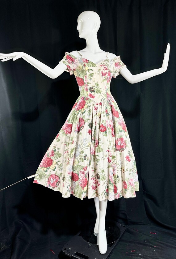 sale - 1980s dress, Cabbage Rose floral print cott