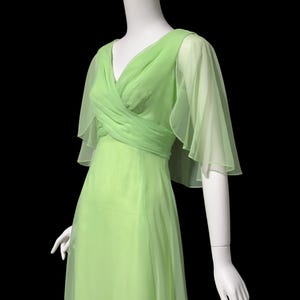vintage evening dress gown, MISS ELLIETTE 1970s minty pistachio green cape dress, scarf collar poly chiffon party dress, small