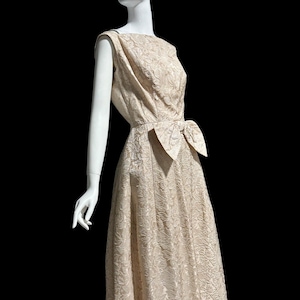 1960s Blush Embossed Floral Damask Gown: Deep V Backless Vintage Evening Dress
