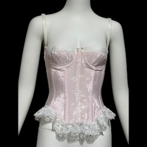 Vintage 1970s pink satin bustier, SABRINA for Mervyn&#39;s, pink embossed satin with white lace, Corset Tank Top, Hook back size small