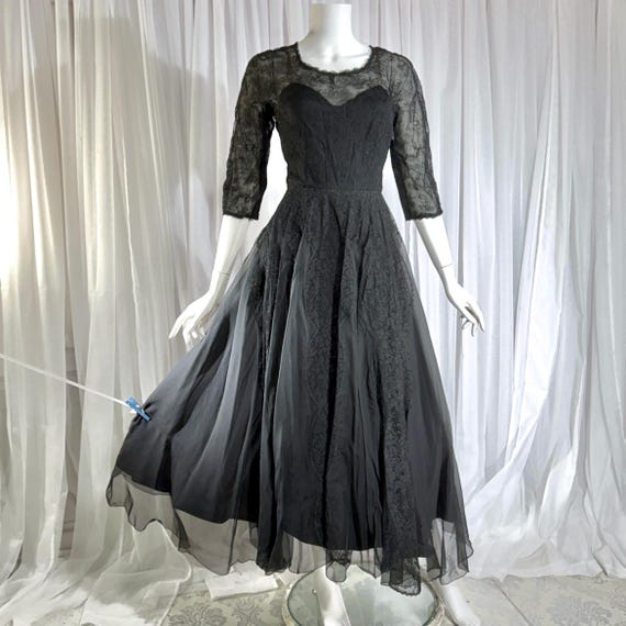 vintage HENRI BENDEL evening dress gown, 1950s black silk chiffon lace cocktail party ball gown