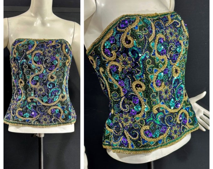 Vintage Bustier Top / BLACK TIE Oleg Cassini 1980s Black Teal Purple
