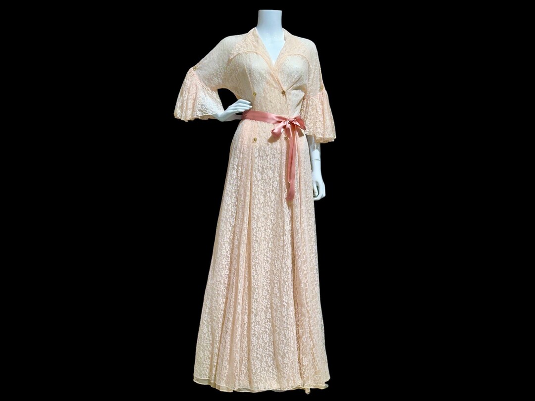 FLOBERT vintage 1940s black lace dressing gown robe, sheer black lace with pink ribbon trim main image 0