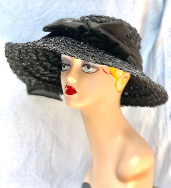 40s straw hat / 1940s black straw hat / vintage 40