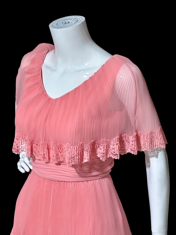 MISS ELLIETTE, vintage 1970s evening dress gown, minty pistachio green poly chiffon dress
