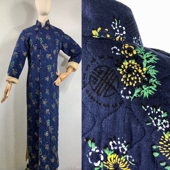 vintage 1940s robe / 40s cotton quilted mandarin a