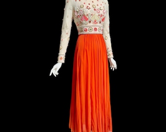 vintage 1960s evening dress, DARNELL OF LONDON, Orange beaded chiffon gown, Long sleeves & High neck, 34 bust
