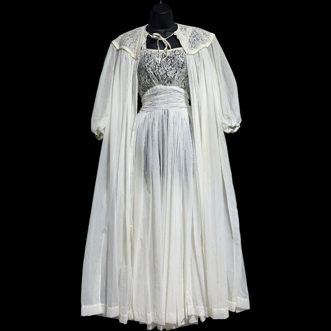 Retro White Robe Vintage 1940s Nightgown Robe Set, Custom Made White Chiffon Wedding ...