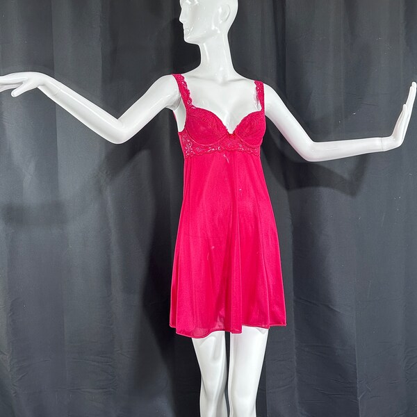 SALE - vintage OLGA nightgown slip dress, 91147 SASSY Hot Raspberry pink red mini night gown dress, padded bra