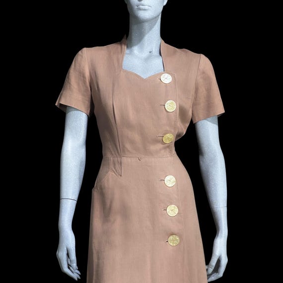 Vintage 1940s Linen Dress, MOYGASHEL Taupe Color Linen Day Wrap