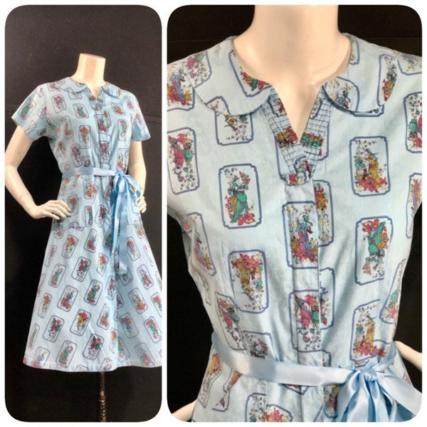 SALE - 1940s vintage dress / Novelty print Victorian Ladies blue cotton shirt day house dress / zipper front / medium 38 bust 31 waist