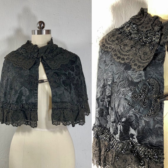 Victorian Cape Capelet / Black damask jet beads la