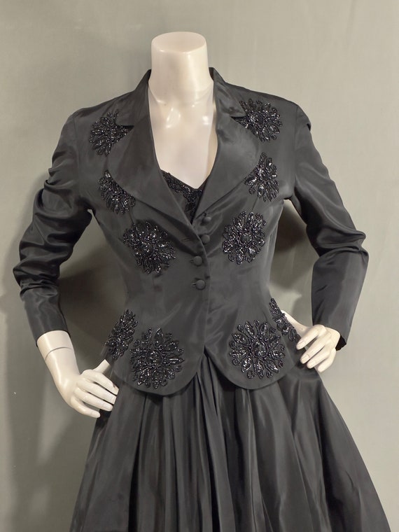 vintage 1940s dress jacket set / black taffeta beaded… Gem