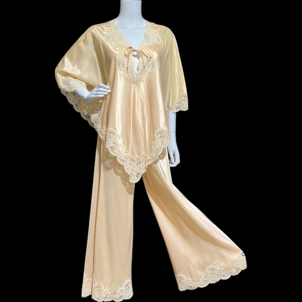 vintage silky satin Pajamas, 1970s BLANCHE Ralph Montenero, Peachy lounging cocktail party pajamas, Poncho Top and wide leg bottom PJ set