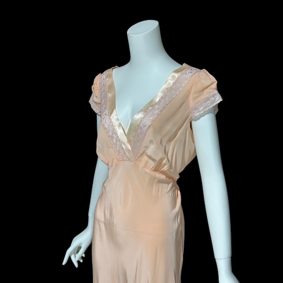 1940s vintage nightgown slip dress, Shiny peach bias cut rayon slip dress, full length, cap sleeves