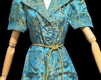Vintage 1940s SILK Satin Pajamas, 2 Piece Lounge Set, Sea Blue and 