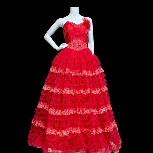Vintage Red Asymmetrical Ruffle Tiered Halter Formal Prom Dress Evening Dress cc1760