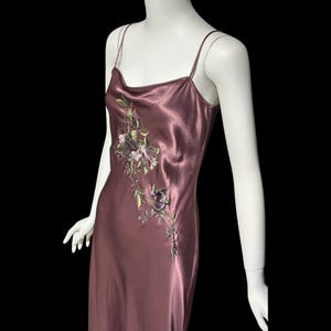 vintage evening slip dress, BONNIE STRAUSS 1990s shiny satin bias cut sheath embroidered gown, 1940s style gown, small