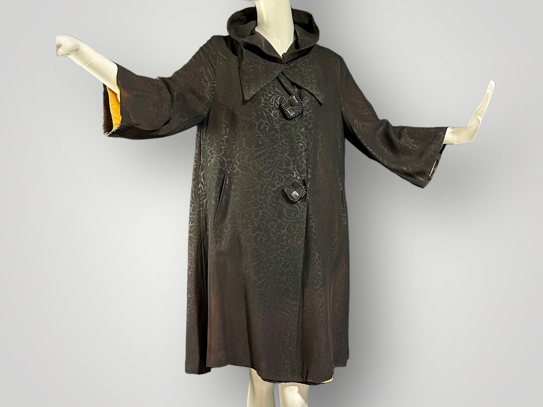1950s Vintage evening swing coat, Black silk jacquard garland and bows opera coat