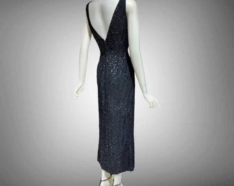 Vintage evening gown dress, FRANK STARR, Lord & Taylor, 1960s black sequin sheath gown, wiggle back drama backless dress, small 34 bust