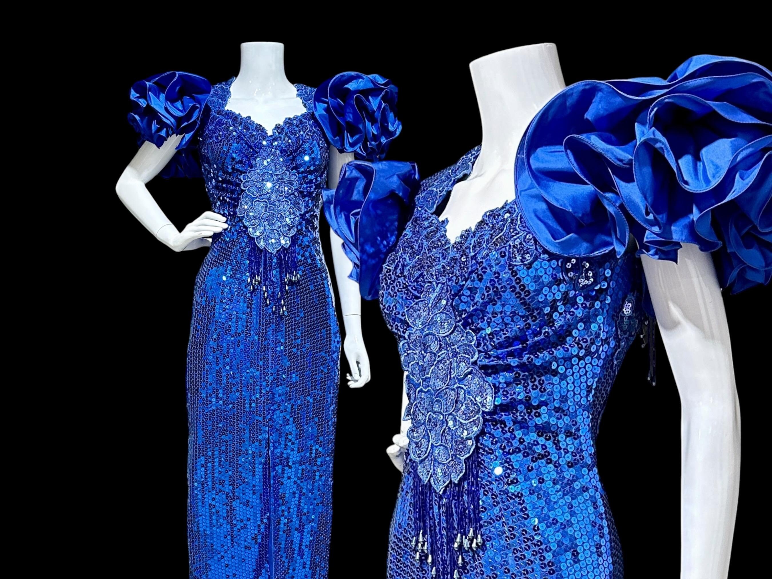Vintage evening gown, ALYCE DESIGNS 1980s dynasty glam, Sapphire blue  sequins sheath dress, ruffles beads open back, 34 bust