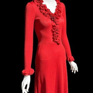 vintage 1970s SAKS knit maxi dress, YOUNG DIMENSIONS Red mod knit dress with Ruffles long sleeve dress