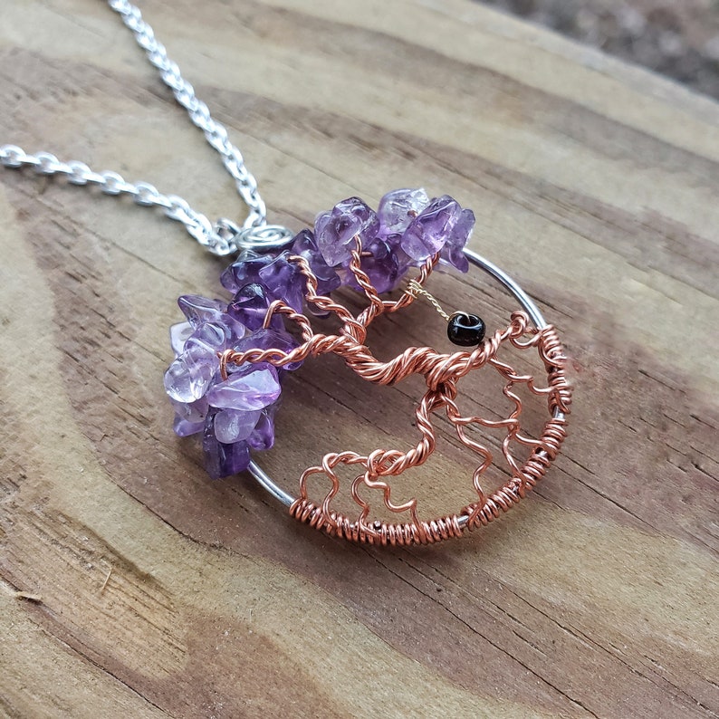 Optional Oil Diffusing Lava Stone and Swing February Amethyst Birthstone Dancing Tree of Life Pendant 1.5 Inches