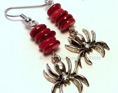 Ready to ship Coral Red Shell Earrings  with Spider Charms Halloween Fun OOAK