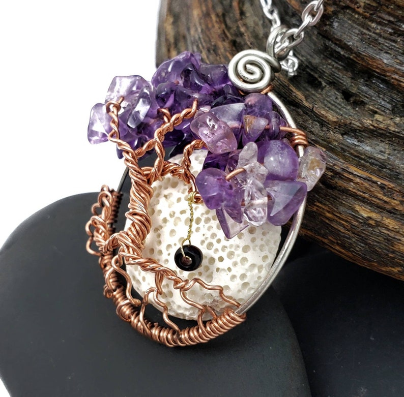Optional Oil Diffusing Lava Stone and Swing February Amethyst Birthstone Dancing Tree of Life Pendant 1.5 Inches