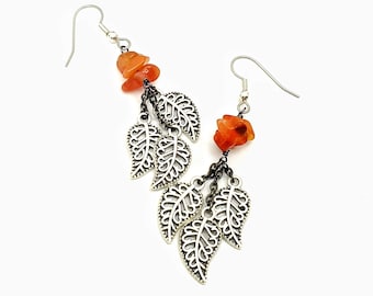 Carnelian Leaf Cluster Earrings, Clip On Available