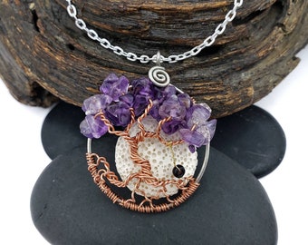 February  Amethyst Birthstone Dancing Tree of Life Pendant, 1.5 Inches with Oil Diffusing Lava Stone and  optional Swing
