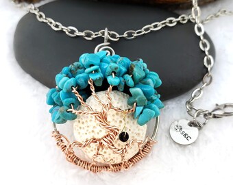 December Birthstone Dancing Tree of Life Pendant, With Turquoise Gemstones and Oil Diffusing Lava Stone, 1.5 Inches