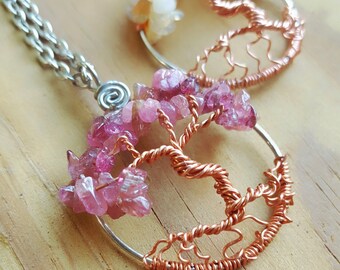 October Pink Tourmaline  Birthstone Dancing Tree of Life Pendant, 1.5 Inches, Left Handed Clasp Available,