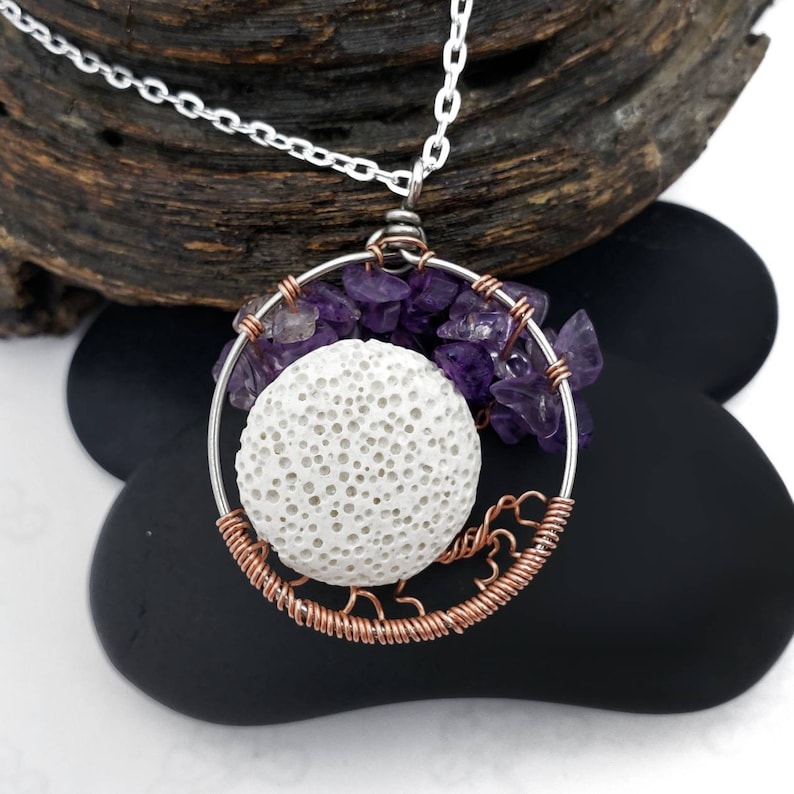 Optional Oil Diffusing Lava Stone and Swing February Amethyst Birthstone Dancing Tree of Life Pendant 1.5 Inches