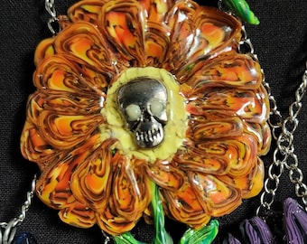 Glow in Dark Skull Blossom Necklace Black and Orange 24"long Adjustable Chain