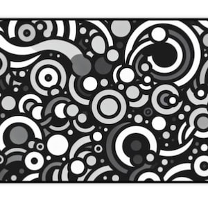 May include: A rectangular mousepad with a black border and a repeating pattern of white, gray, and black concentric circles and curved lines. The design creates a retro, abstract visual effect.