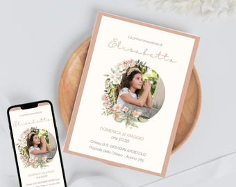 Puede incluir: Una invitación de primera comunión con un borde rosa claro, con una foto de una niña dentro de una corona floral. La invitación incluye el nombre "Elisabetta" y los detalles del evento. Un smartphone muestra el mismo diseño.